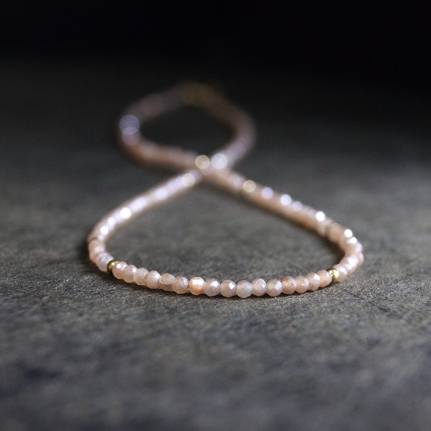 14K Solid Gold: Peach Moonstone Beaded Necklace, Chakra Necklace, Fine Jewelry, Layered Necklace, Skinny Necklace, Pink Gemstone