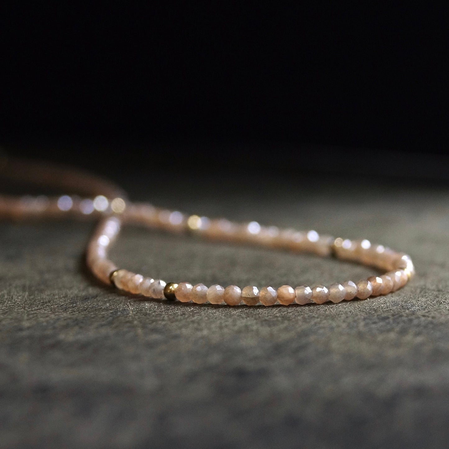 14K Solid Gold: Peach Moonstone Beaded Necklace, Chakra Necklace, Fine Jewelry, Layered Necklace, Skinny Necklace, Pink Gemstone