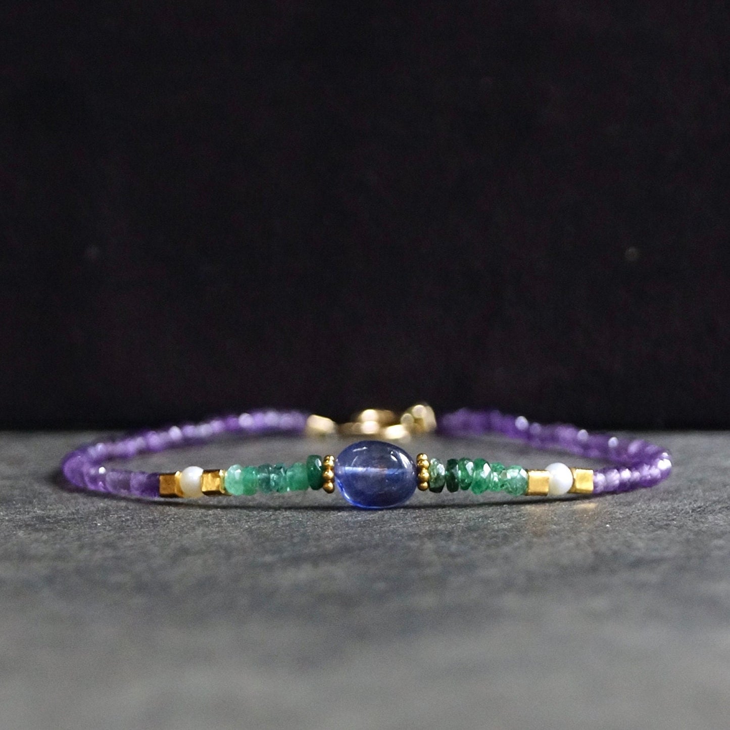 14K Solid Gold & 24K Vermeil: Amethyst Bead Bracelet| Emerald| Sapphire| Green| Blue| Boho| Bohemian| February Birthstone