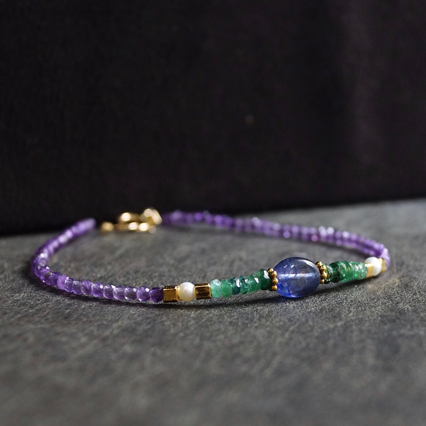 14K Solid Gold & 24K Vermeil: Amethyst Bead Bracelet| Emerald| Sapphire| Green| Blue| Boho| Bohemian| February Birthstone