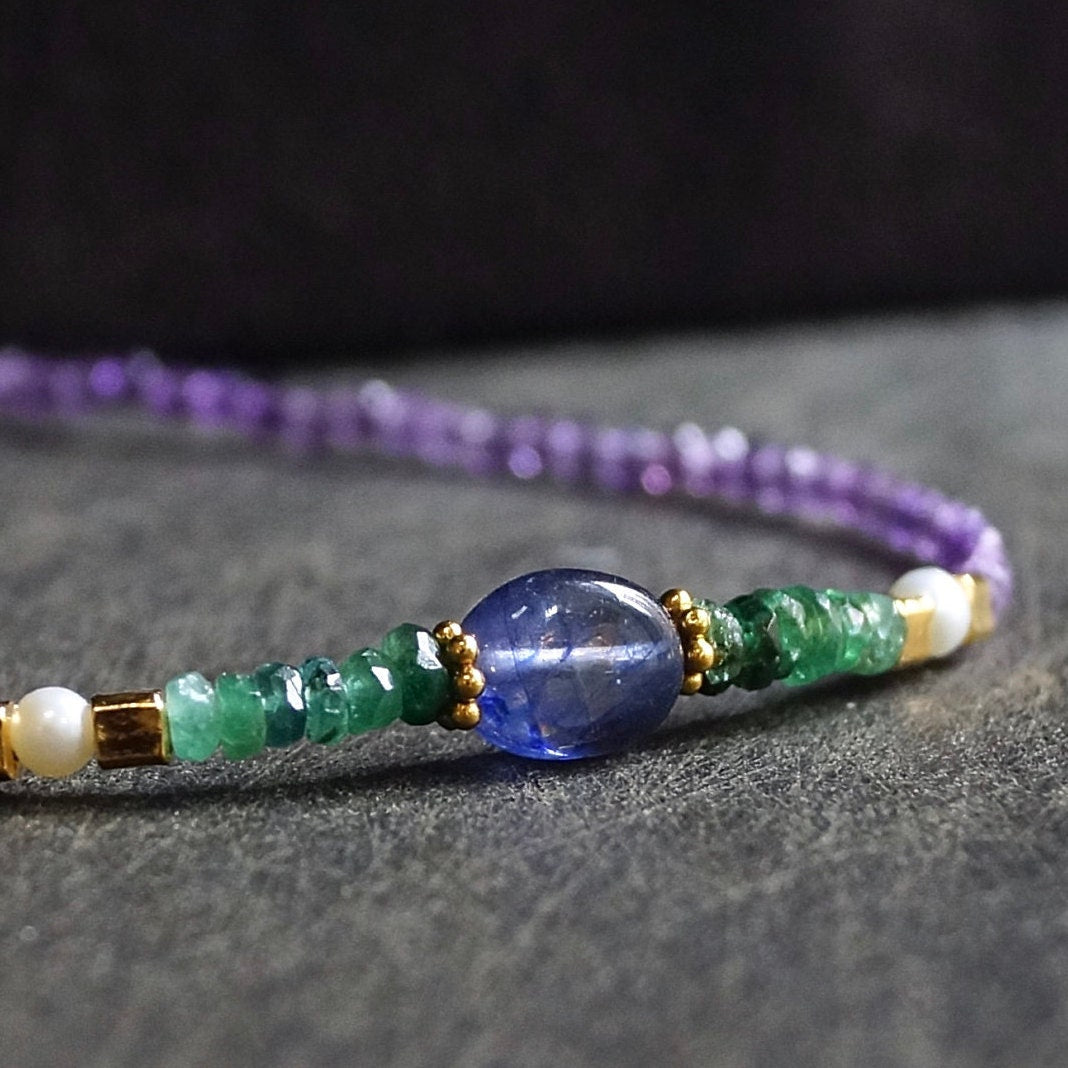 14K Solid Gold & 24K Vermeil: Amethyst Bead Bracelet| Emerald| Sapphire| Green| Blue| Boho| Bohemian| February Birthstone