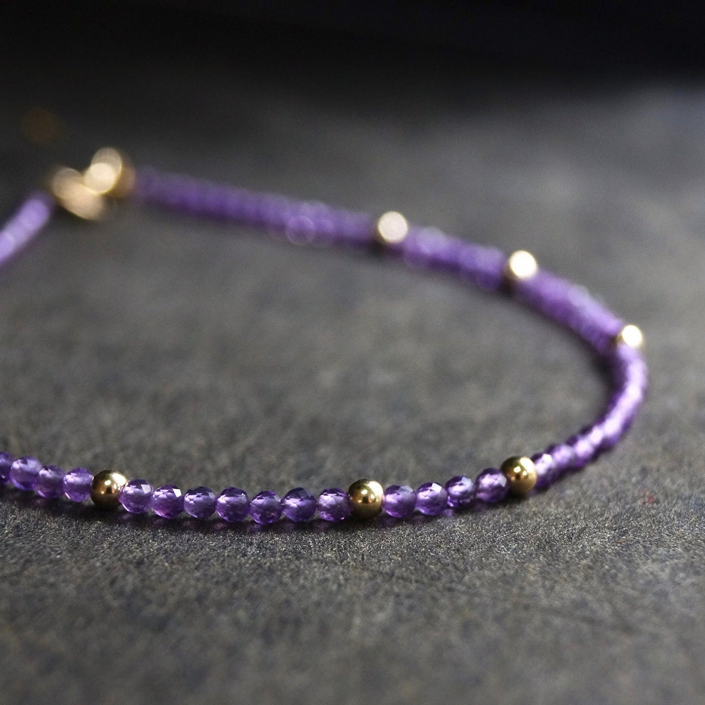 14K Solid Gold: Amethyst Bead Bracelet | 2mm | February Birthstone | Skinny Bracelet | Healing Stone | Crown Chakra | Purple