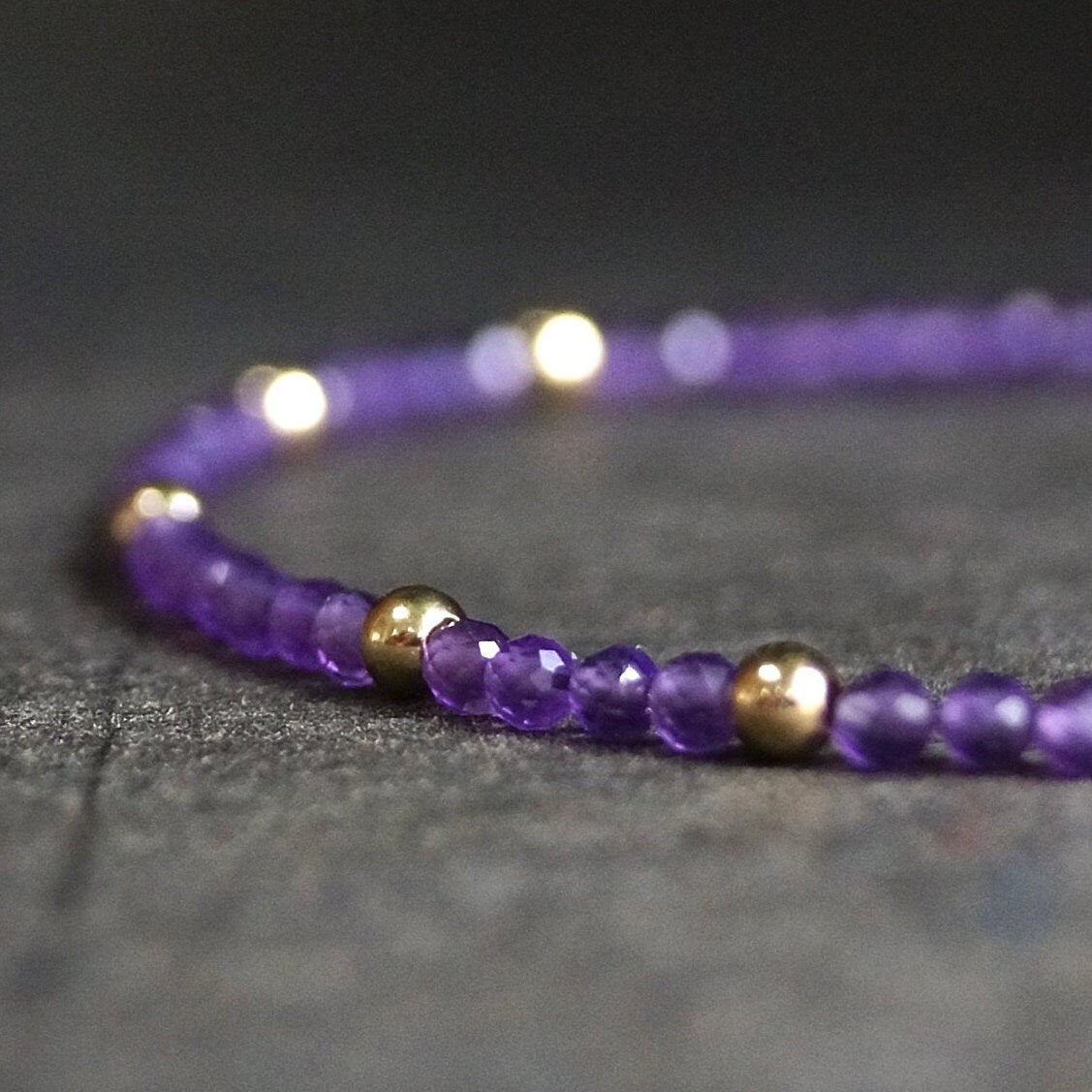 14K Solid Gold: Amethyst Bead Bracelet | 2mm | February Birthstone | Skinny Bracelet | Healing Stone | Crown Chakra | Purple