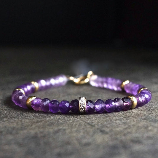 14K Solid Gold: Diamond & Amethyst Bead Bracelet | 4mm | February Birthstone | Healing Stone | Crown Chakra | Purple