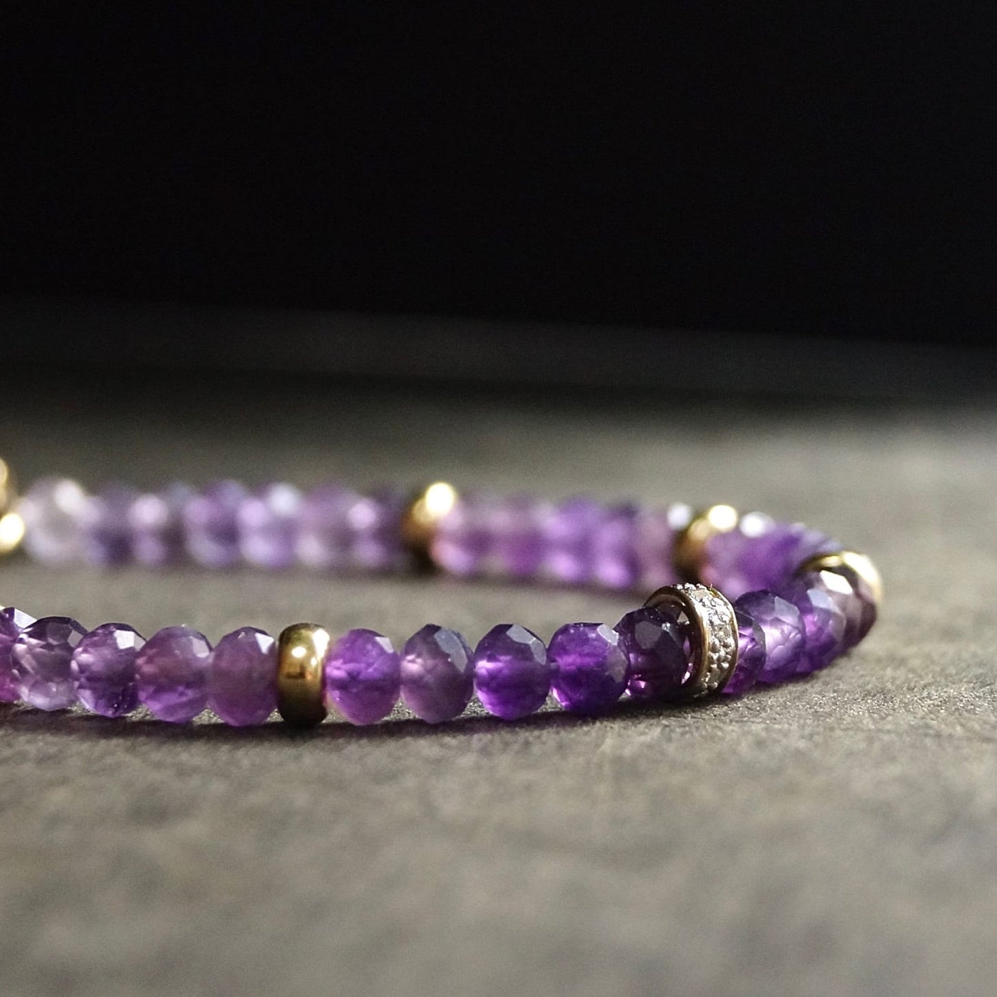 14K Solid Gold: Diamond & Amethyst Bead Bracelet | 4mm | February Birthstone | Healing Stone | Crown Chakra | Purple