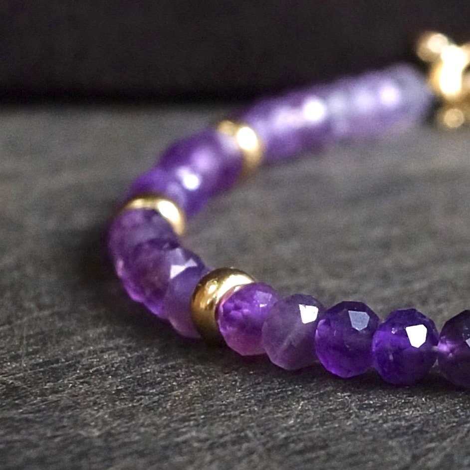 14K Solid Gold: Diamond & Amethyst Bead Bracelet | 4mm | February Birthstone | Healing Stone | Crown Chakra | Purple