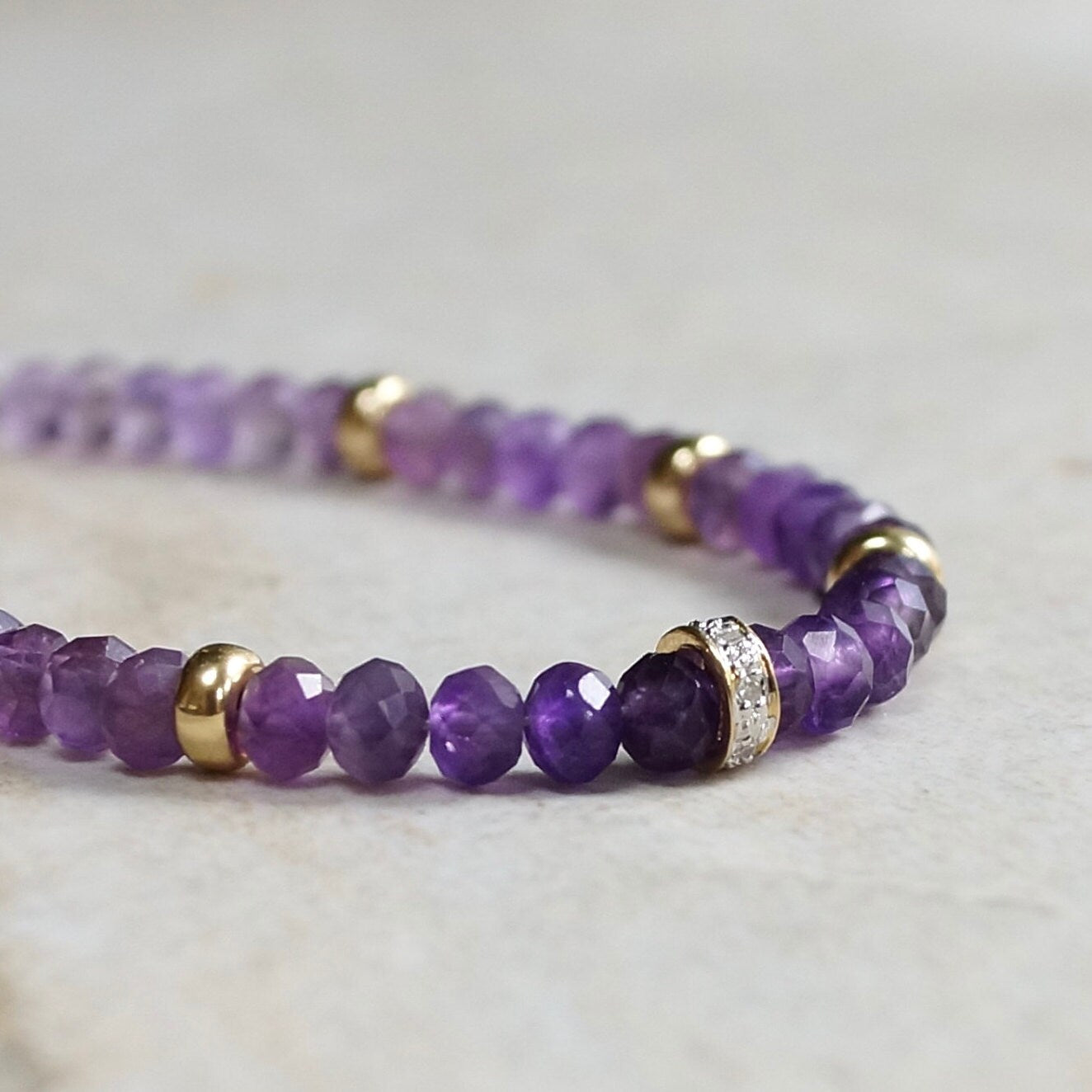 14K Solid Gold: Diamond & Amethyst Bead Bracelet | 4mm | February Birthstone | Healing Stone | Crown Chakra | Purple