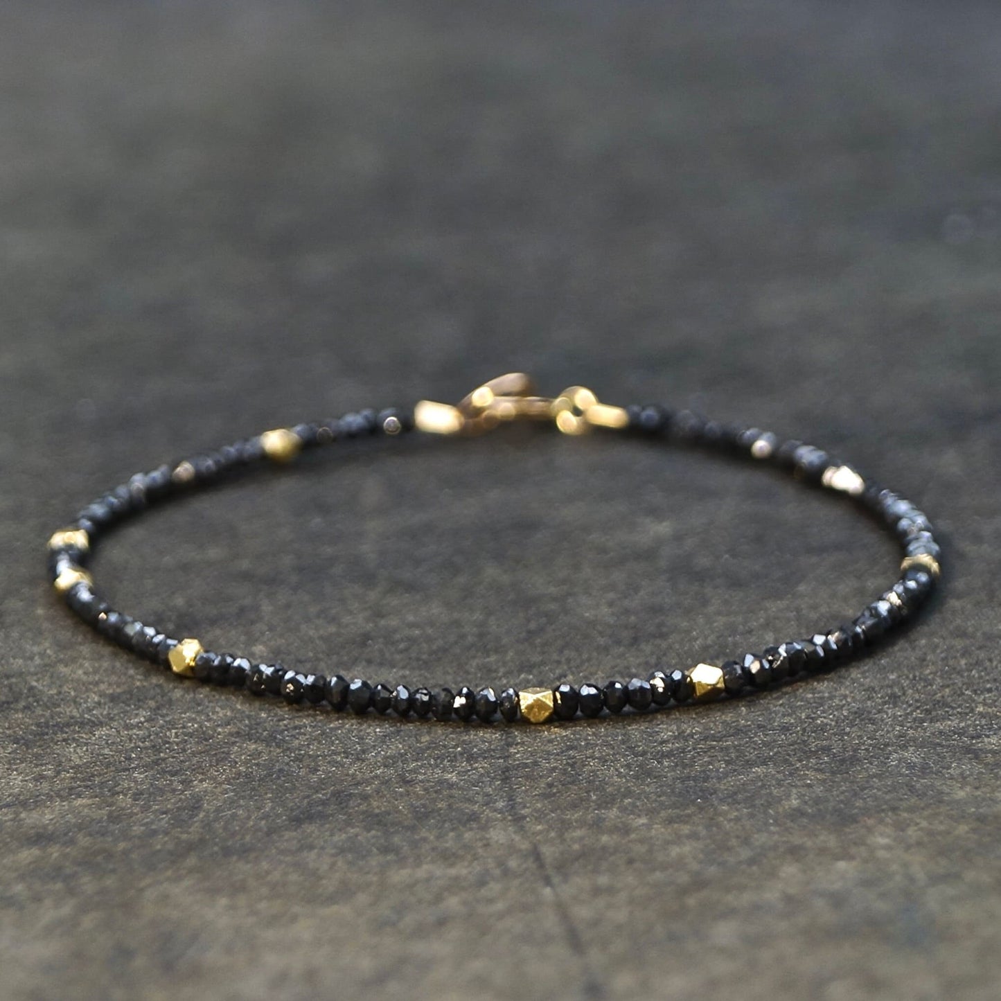 14K Solid Gold: Black Diamond Beaded Bracelet, Faceted Genuine Diamond, Layered, Delicate, Real Natural Diamond, Skinny Bracelet