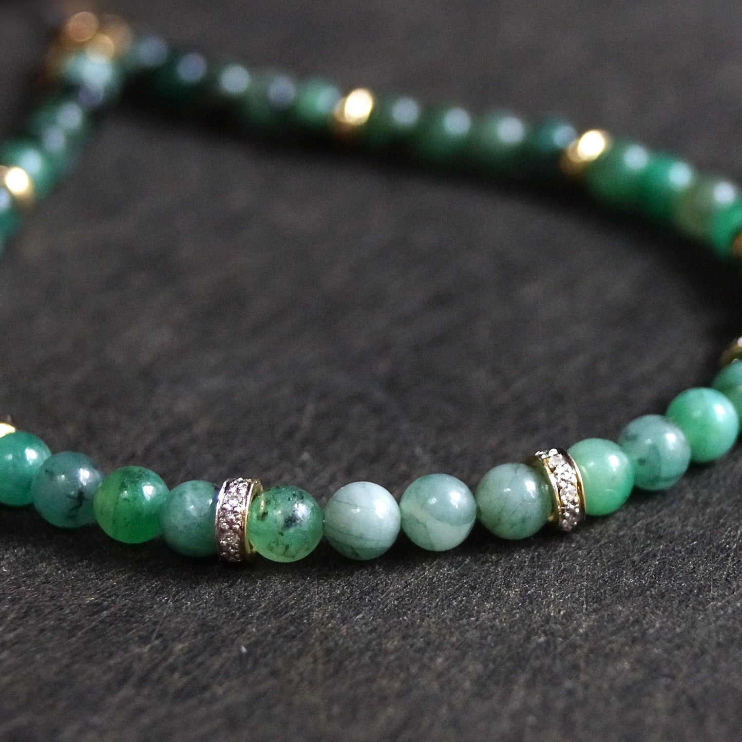 14K Solid Gold: Diamond & Emerald Bead Bracelet | 4mm | May Birthstone |Green Natural Emerald| Natural Diamond| For Him