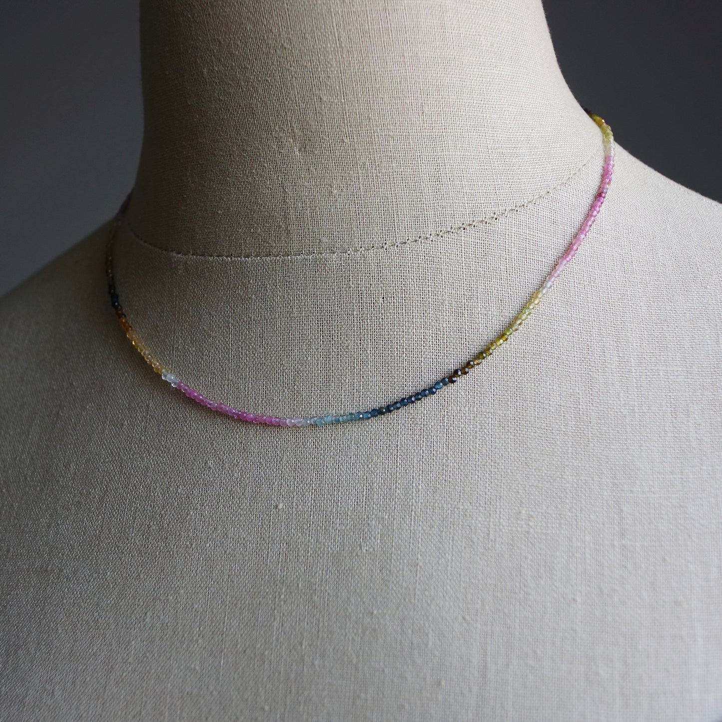 14K Solid Gold: Multi Colored Ombre Tourmaline Beaded Necklace, October Birthstone, Skinny Gemstone Necklace, Watermelon Tourmaline