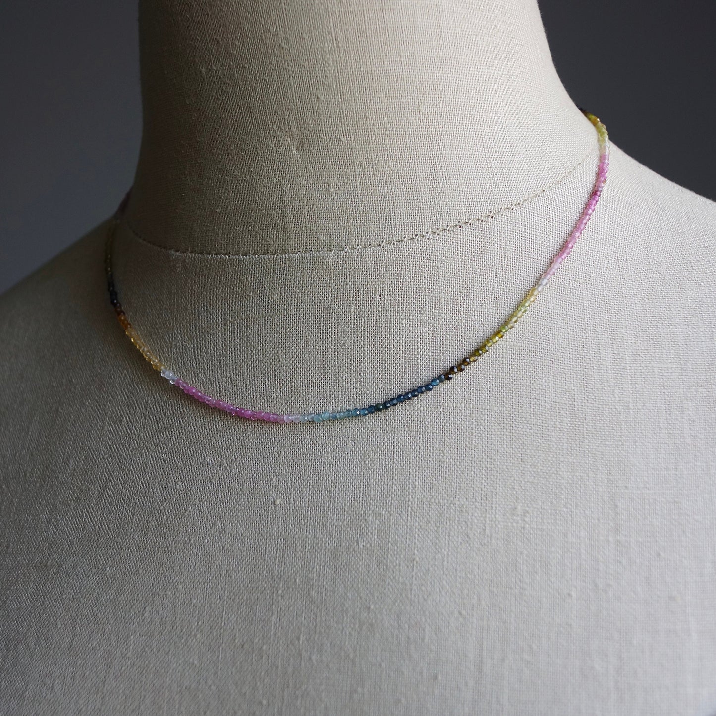 14K Solid Gold: Tourmaline Bead Necklace| 2.5mm| October Birthstone| Multi Color| Ombre| Gradient| Skinny Gemstone Necklace| Dainty Jewelry