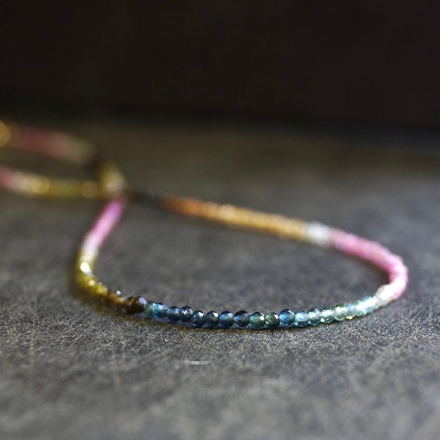 14K Solid Gold: Multi Colored Ombre Tourmaline Beaded Necklace, October Birthstone, Skinny Gemstone Necklace, Watermelon Tourmaline