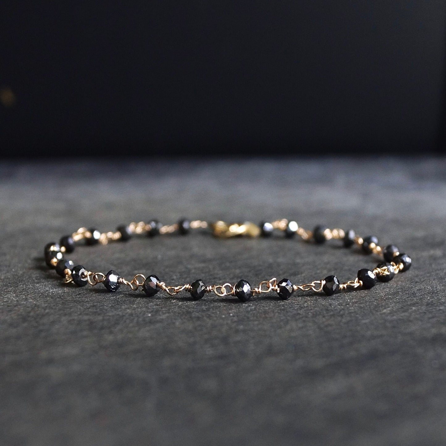 14K Solid Gold: Black Diamond Chain Link Bracelet| Bead| Natural Diamond| Fine Jewelry | Artisan | Handcrafted | Gold Chain