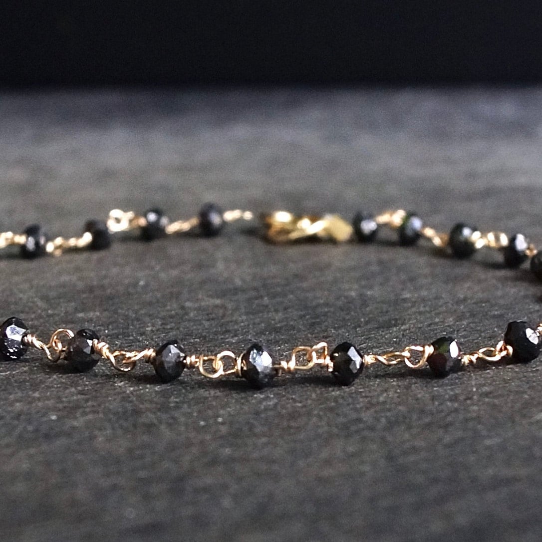 14K Solid Gold: Black Diamond Chain Link Bracelet| Bead| Natural Diamond| Fine Jewelry | Artisan | Handcrafted | Gold Chain