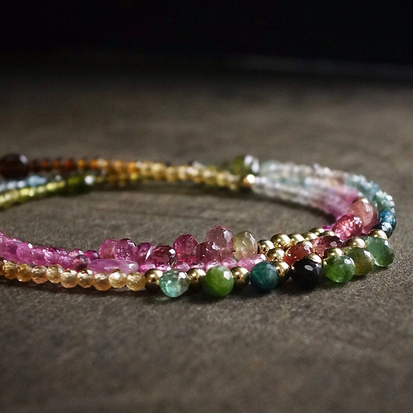 14K: 20" Ombre Multi Color Tourmaline Beaded Necklace, Vermeil Gold, Shaded Tourmaline, layered Necklace, Watermelon