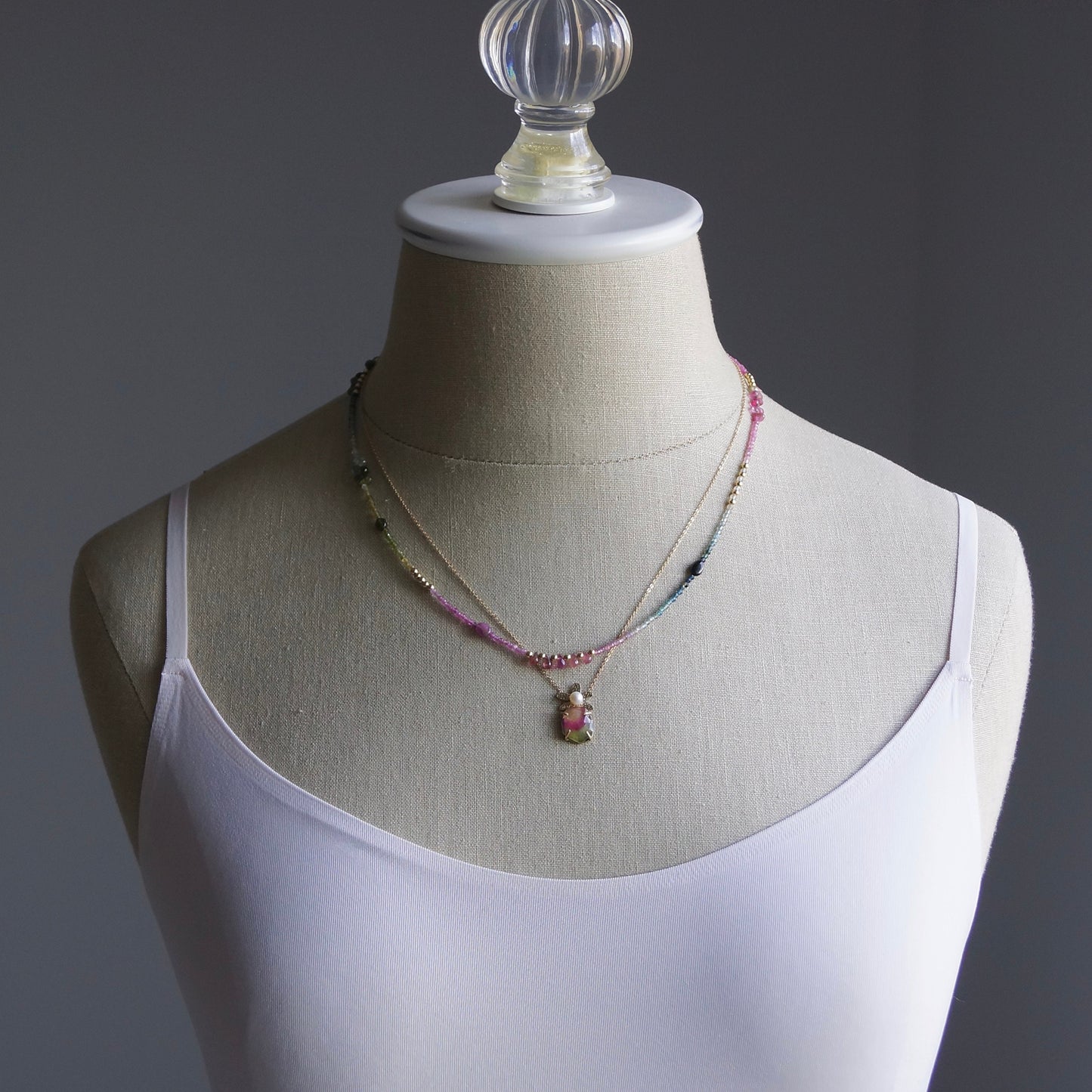 14K: 20" Ombre Multi Color Tourmaline Beaded Necklace, Vermeil Gold, Shaded Tourmaline, layered Necklace, Watermelon