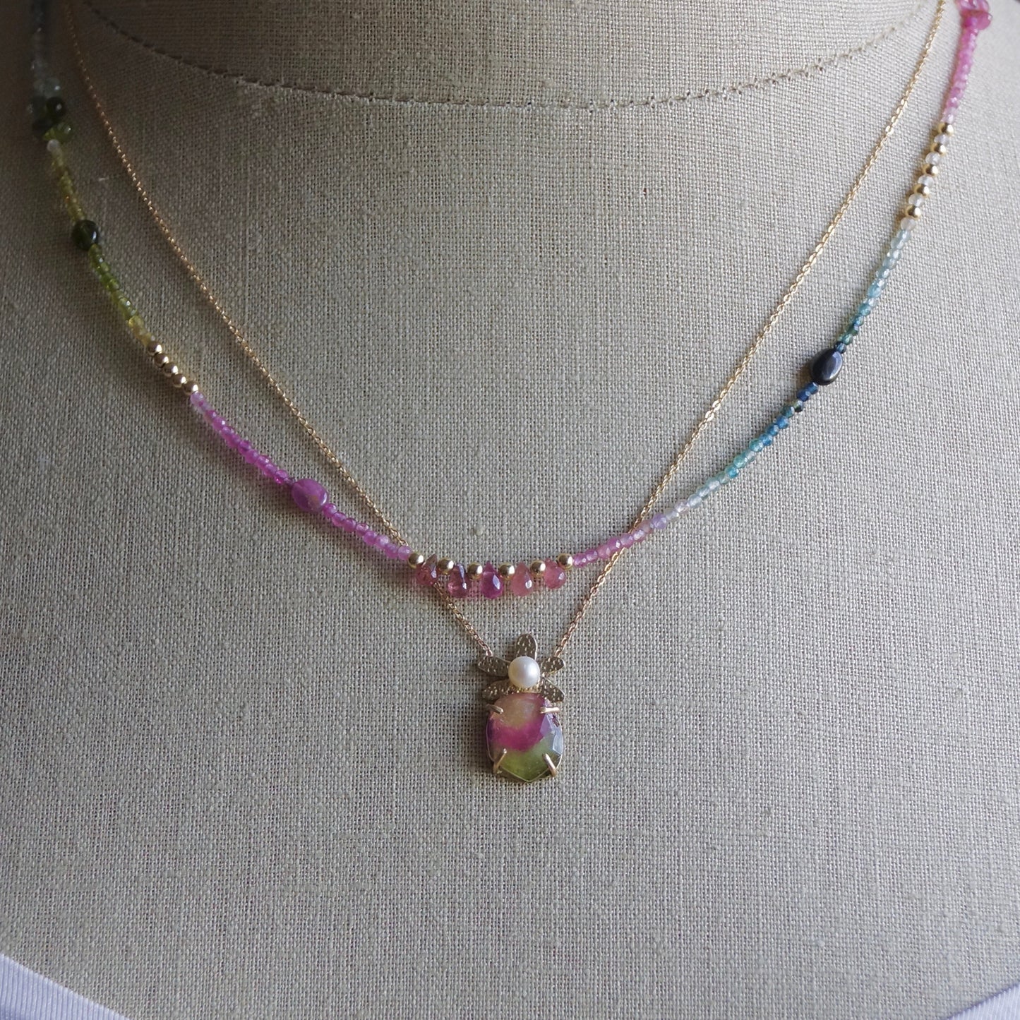 14K: 20" Ombre Multi Color Tourmaline Beaded Necklace, Vermeil Gold, Shaded Tourmaline, layered Necklace, Watermelon