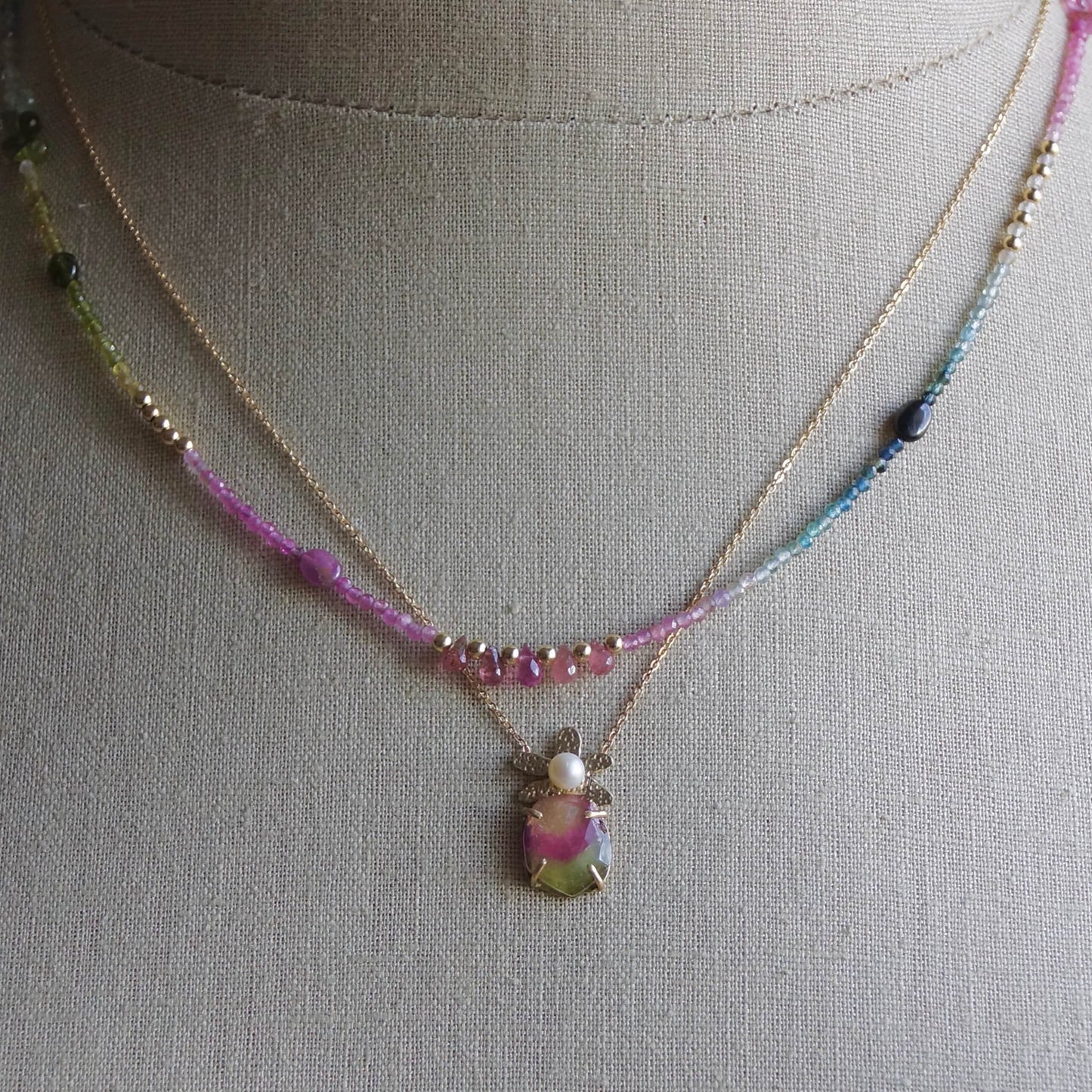 14K: Tourmaline Ombre Bead Necklace| Pink Blue Green| Rainbow Gemstone Bead Necklace| Boho| Bohemian | Multi Color