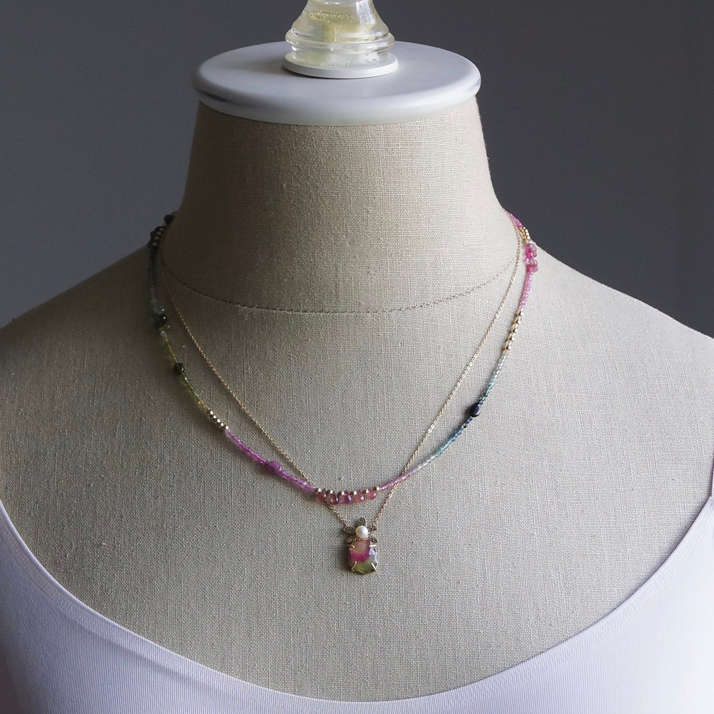 14K: Tourmaline Ombre Bead Necklace| Pink Blue Green| Rainbow Gemstone Bead Necklace| Boho| Bohemian | Multi Color