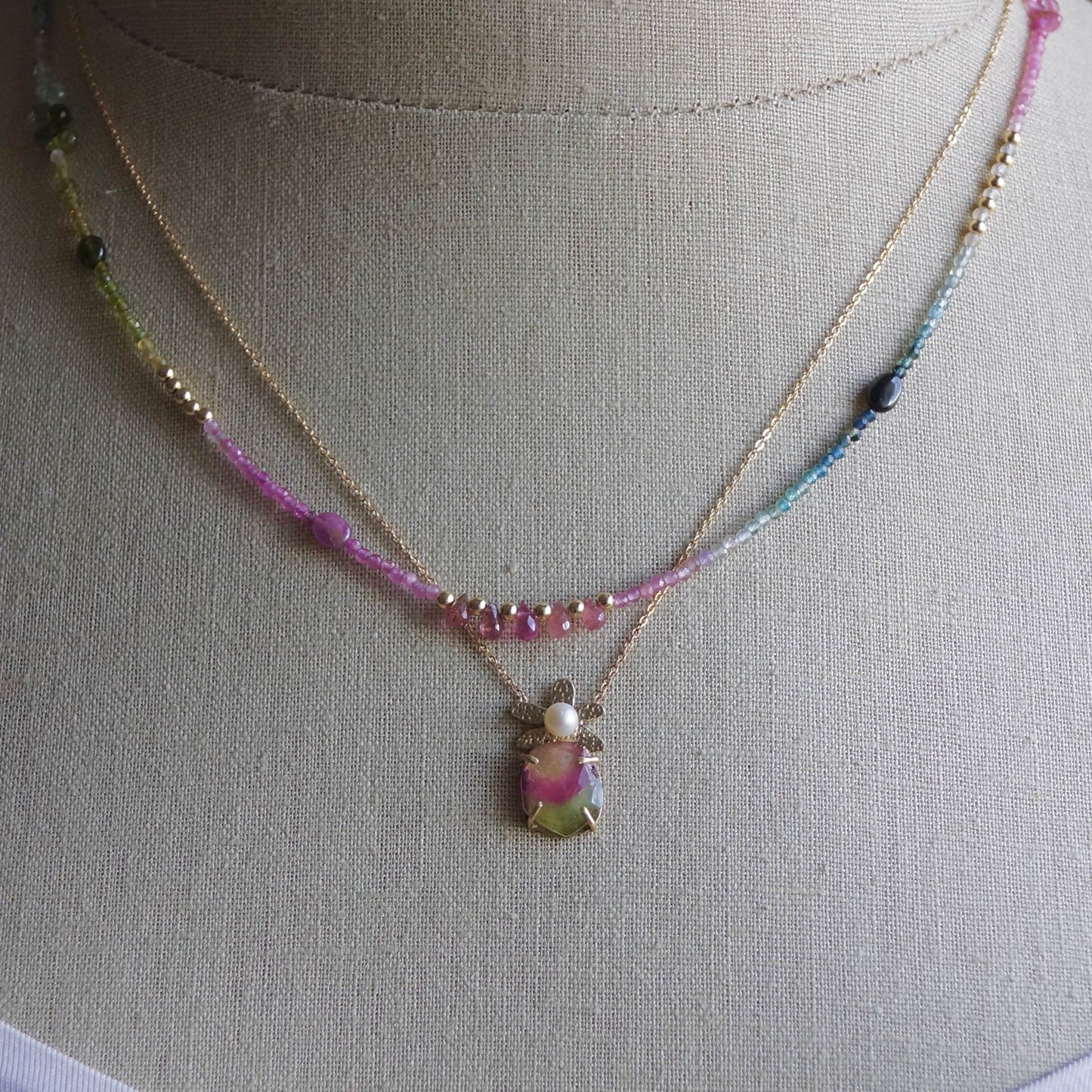 14K Solid Gold: Watermelon Tourmaline Ombre Beaded Necklace, Pink Blue Green, Shaded Tourmaline, layered Necklace, Multi Color Gemstone