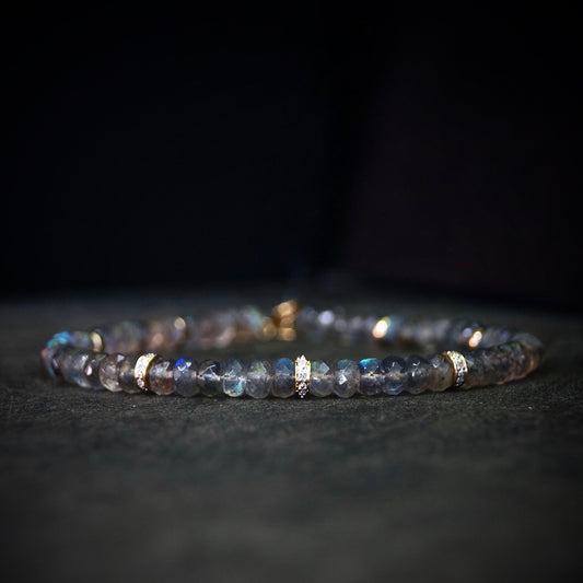 14K Solid Gold: Labradorite & Diamond Bead Bracelet| 5mm| Natural Diamond| Gemstone| Father's Day| Fine Jewelry| For Him |Rainbow Blue Flush