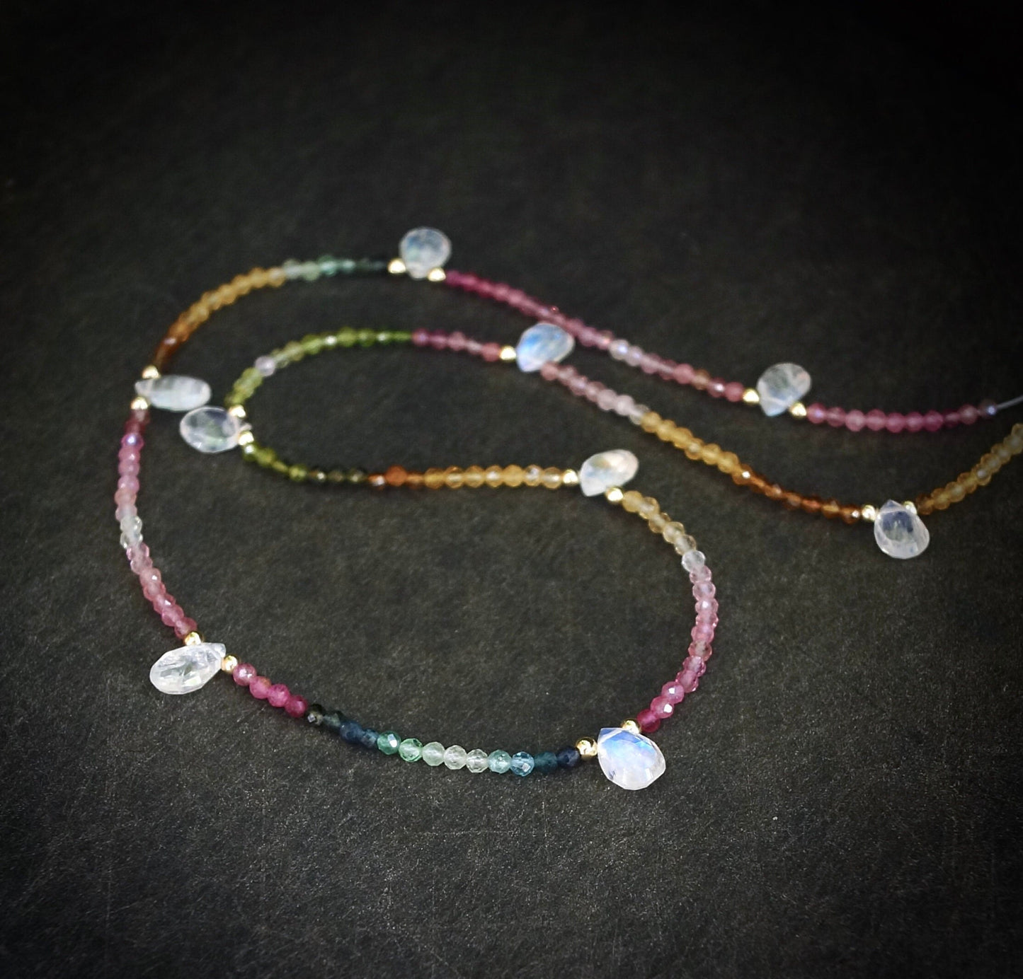 14K: Rainbow Moonstone & Tourmaline Ombre Bead Necklace| Pink Blue Green| Gemstone Necklace| Boho| Bohemian | Multi Color| Fine Jewelry