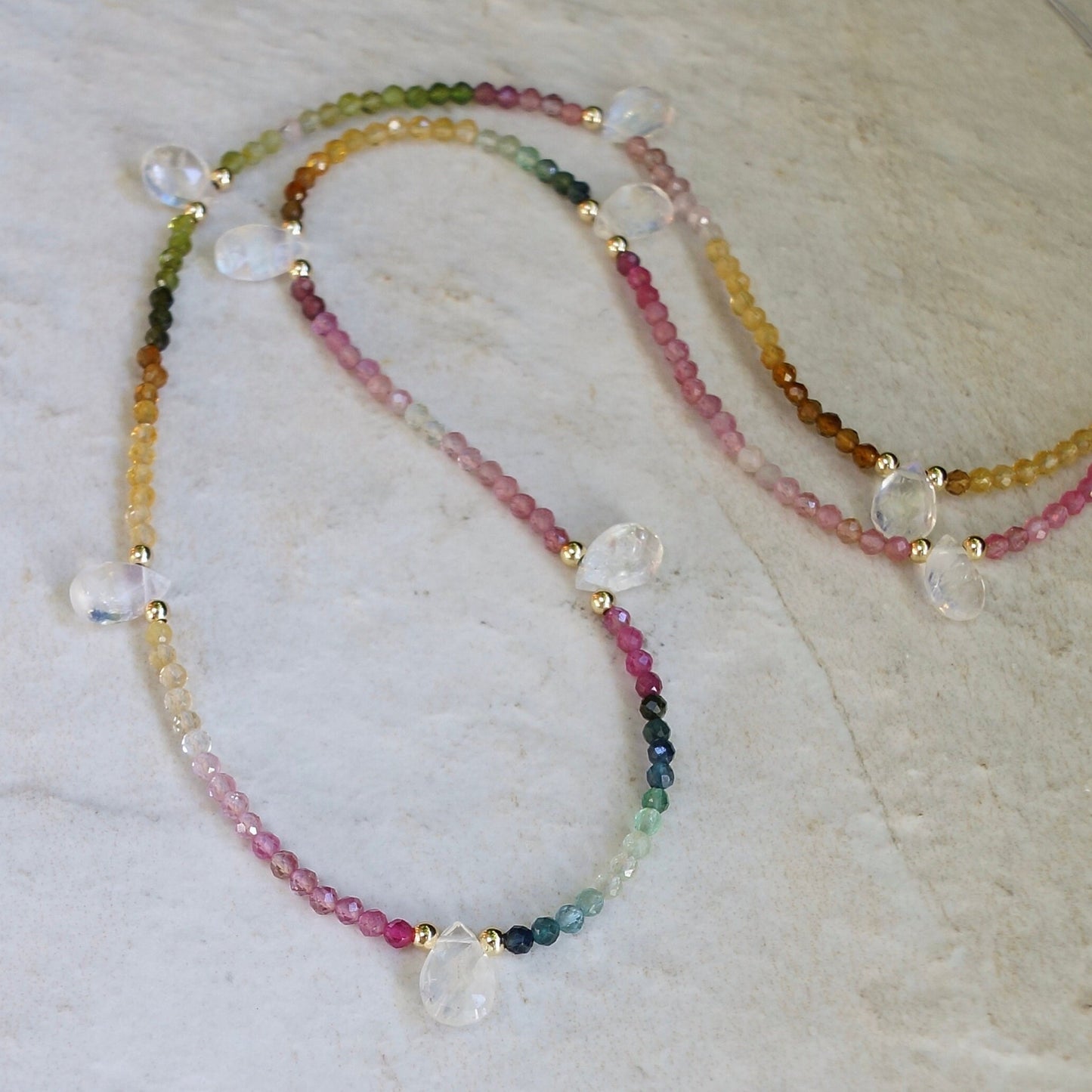 14K: Rainbow Moonstone & Tourmaline Ombre Bead Necklace| Pink Blue Green| Gemstone Necklace| Boho| Bohemian | Multi Color| Fine Jewelry