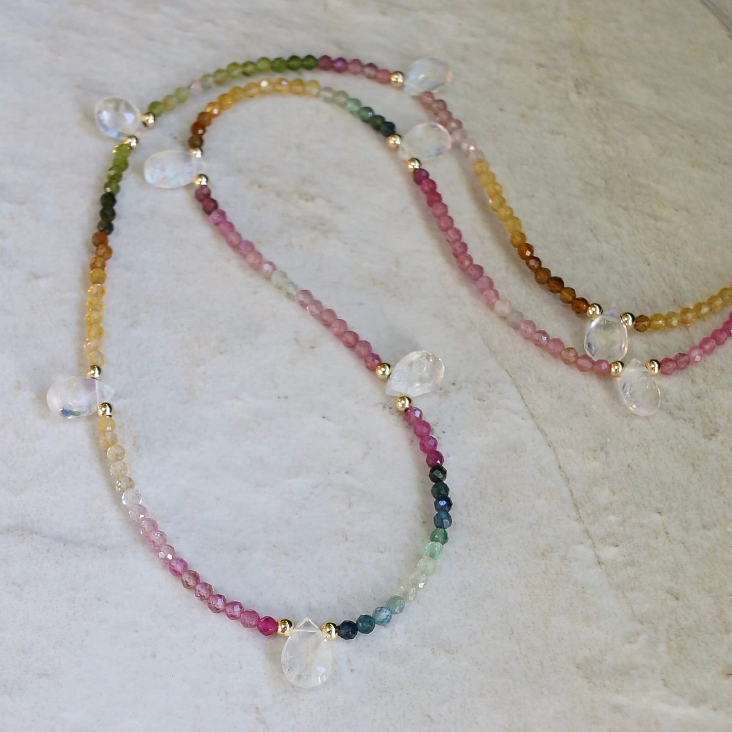 14K: Tourmaline Ombre Bead Necklace| Pink Blue Green| Gemstone Necklace| Boho| Bohemian | Multi Color| Fine Jewelry