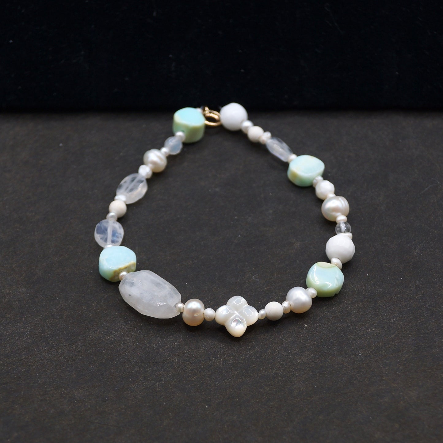 14K Solid Gold: Blue Opal Bead Bracelet | Natural Pearl | White Gemstones | Boho Bracelet | Pastel Colors