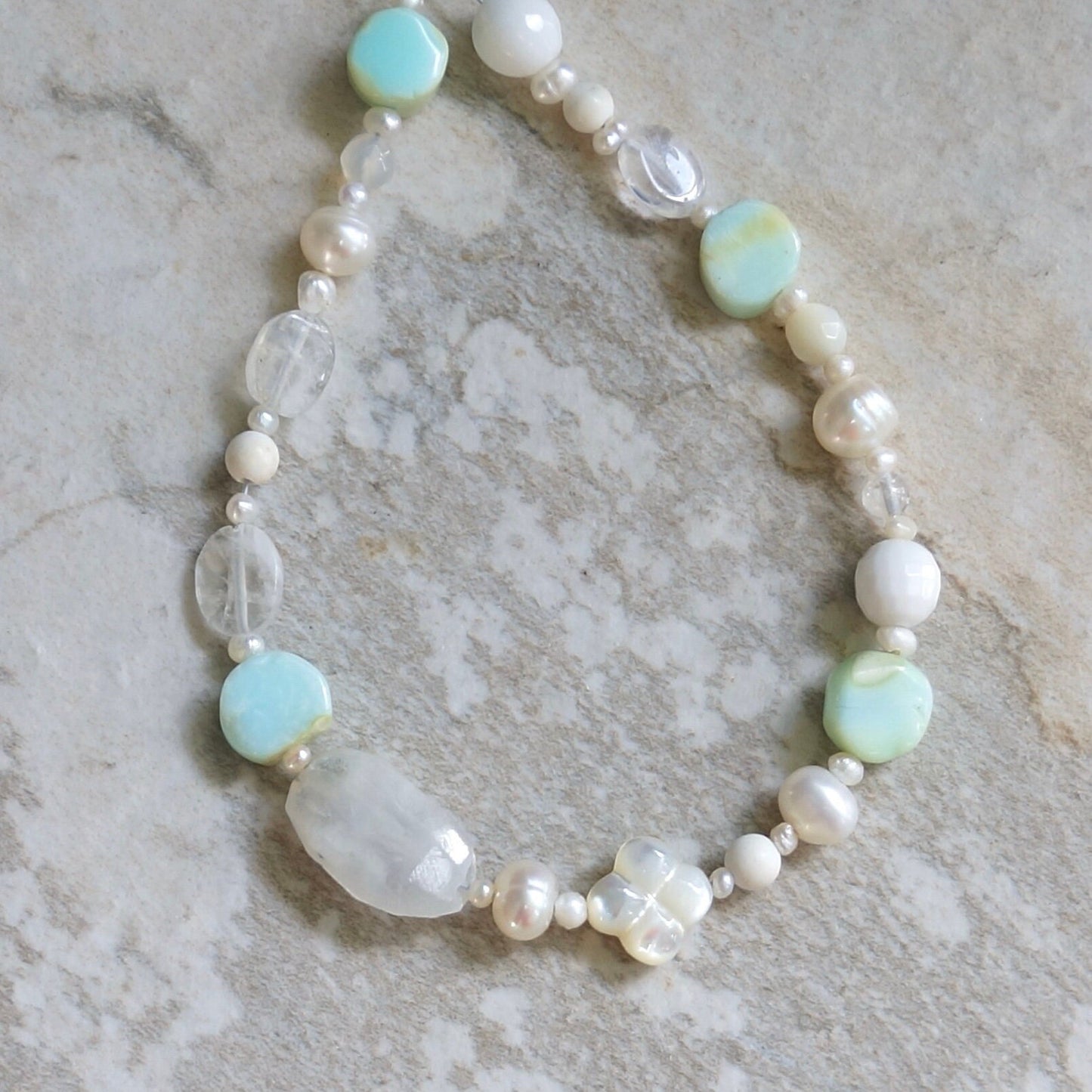 14K Solid Gold: Blue Opal Bead Bracelet | Natural Pearl | White Gemstones | Boho Bracelet | Pastel Colors