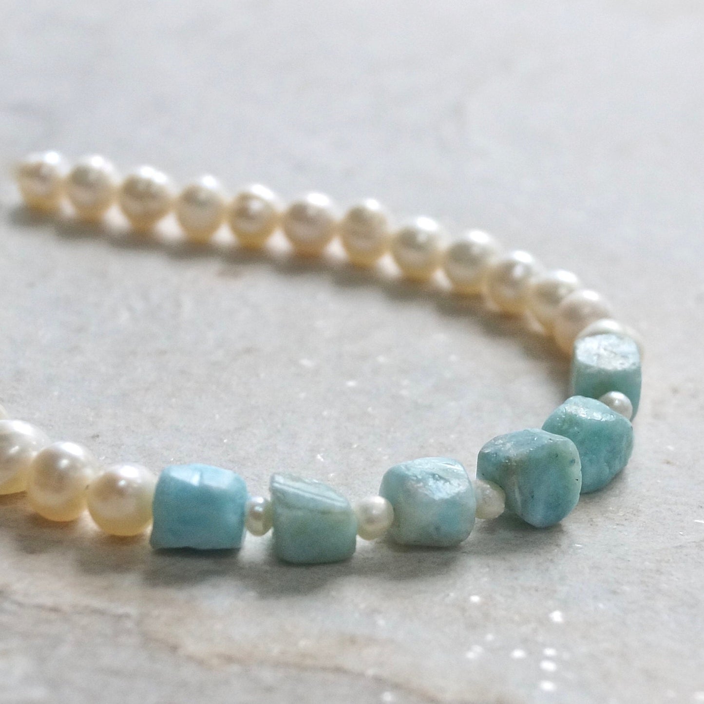 14K Solid Gold: Larimar Bead Bracelet | Natural Pearl | Pastel Blue Gemstones | Bohemian | Cube | Raw Larimar | Fine Jewelry