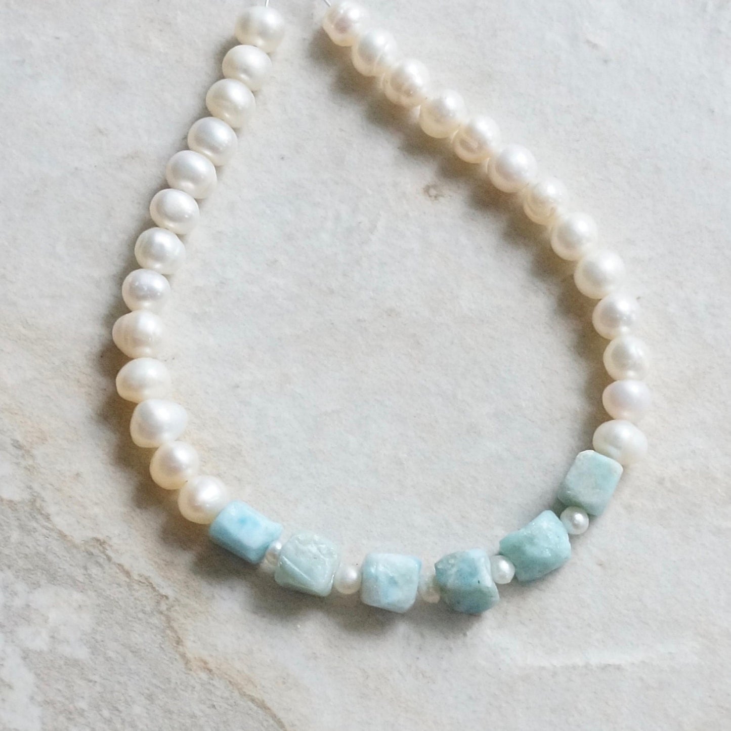 14K Solid Gold: Larimar Bead Bracelet | Natural Pearl | Pastel Blue Gemstones | Bohemian | Cube | Raw Larimar | Fine Jewelry