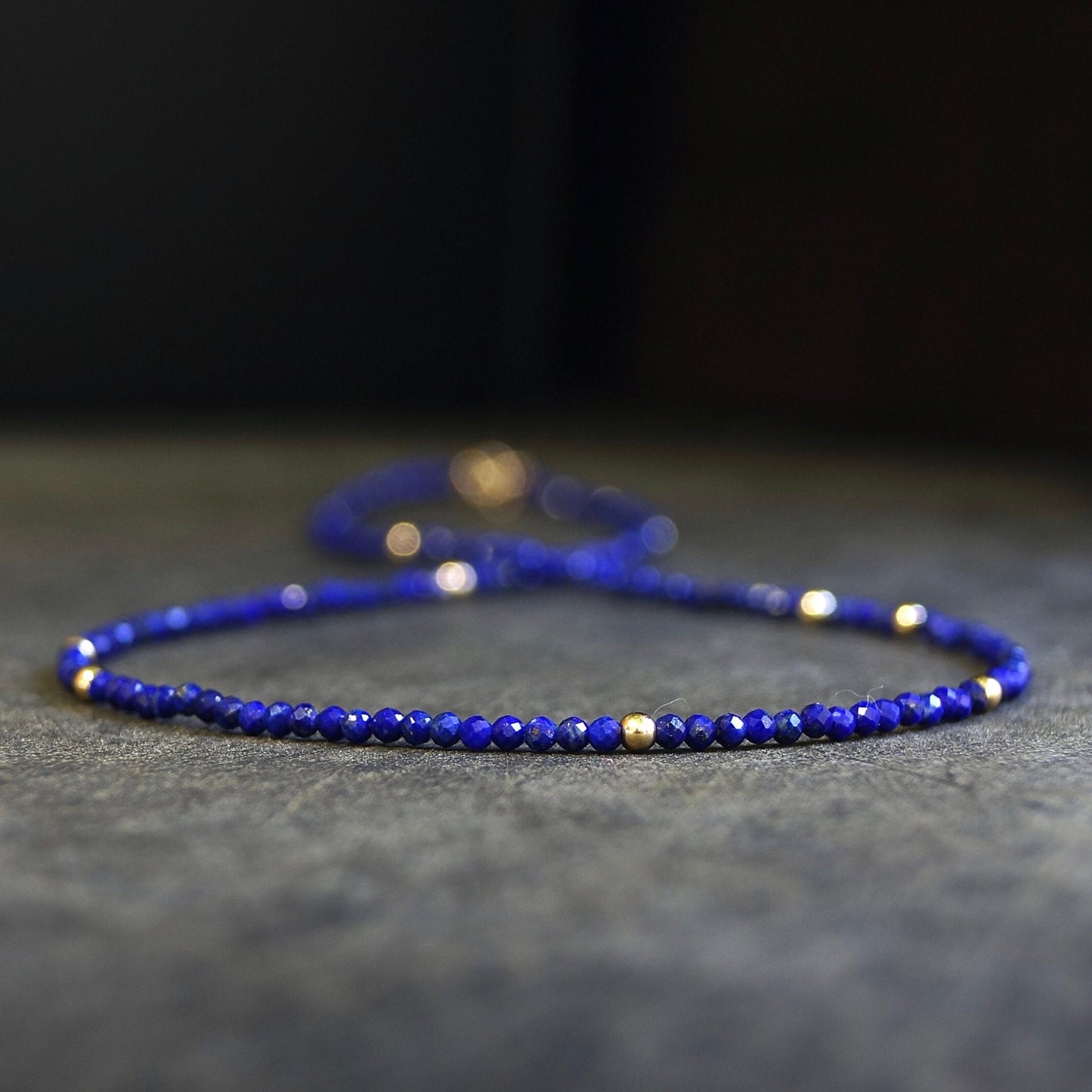 14K Solid Gold: Lapis Lazuli Beaded Necklace, Simple Layer Lapis Choker, Dainty Navy Blue Gemstone Necklace, Fine Jewelry, Minimalist