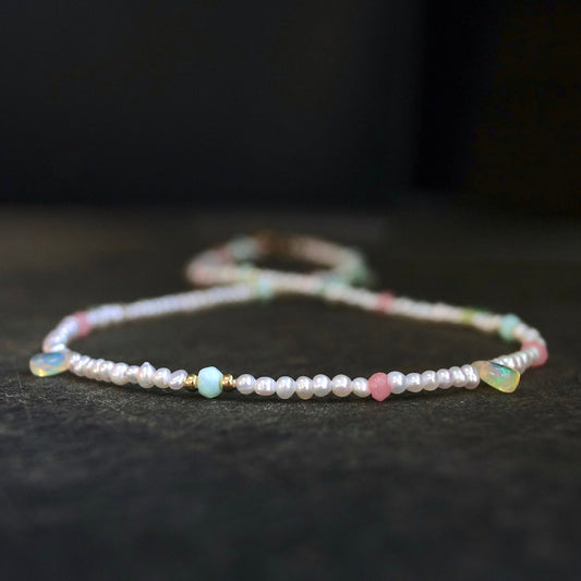 14K Solid Gold: Natural Pearl & Opal Bead Necklace| Rainbow Opals| Fine Jewelry| 2.5mm| Pastel Colors| Blue Pink Green| Bridal Necklace