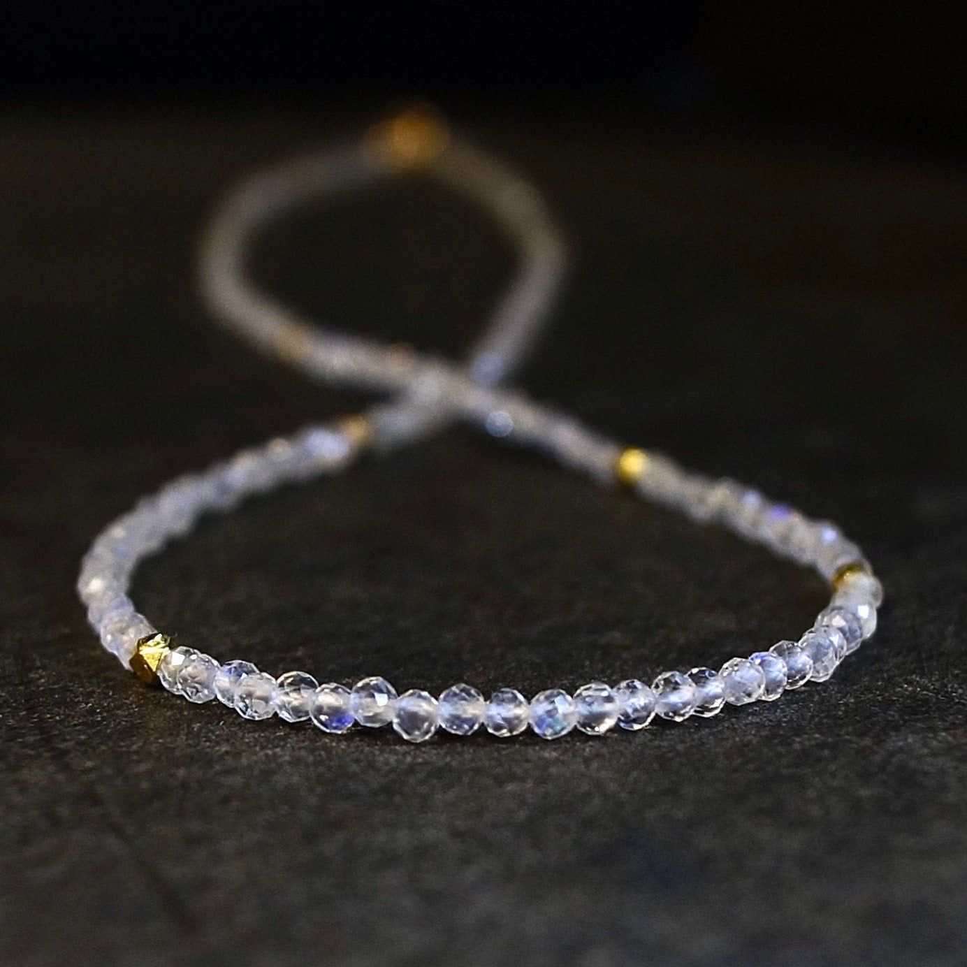 14K Solid Gold: Rainbow Moonstone Beaded Necklace, Crystal Necklace, Ultra Skinny Necklace, Gold Beaded Necklace, Fine Jewelry