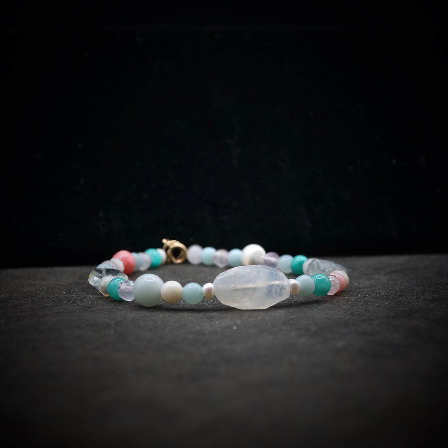 14K Solid Gold: Moonstone Bead Bracelet | Pastel Rainbow Gemstones | Boho Bracelet | Pastel Green and Pink | Pastel Colors | Healing