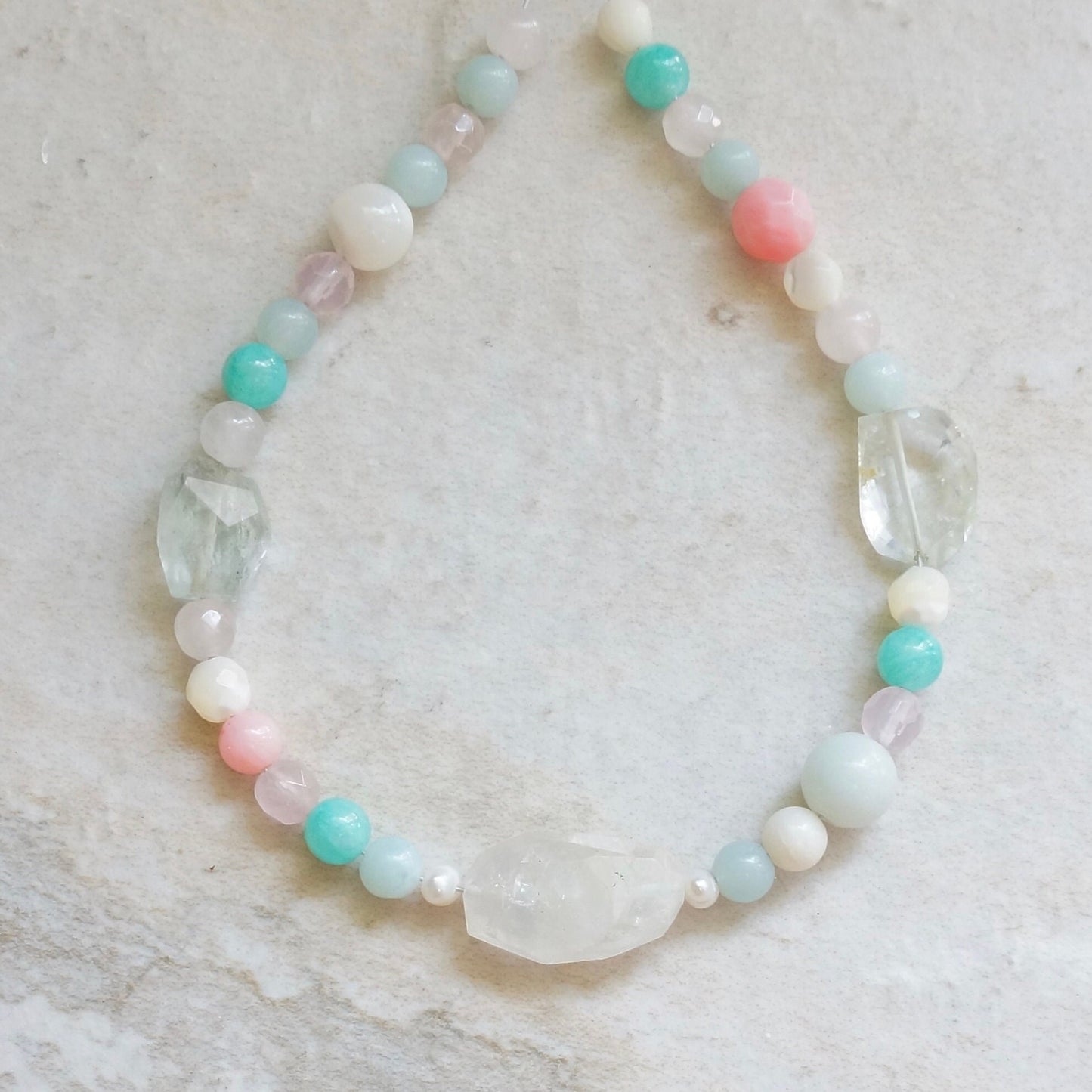 14K Solid Gold: Moonstone Bead Bracelet | Pastel Rainbow Gemstones | Boho Bracelet | Pastel Green and Pink | Pastel Colors | Healing