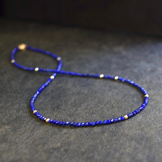 14K Solid Gold: Lapis Lazuli Beaded Necklace, Simple Layer Lapis Choker, Dainty Navy Blue Gemstone Necklace, Fine Jewelry, Minimalist