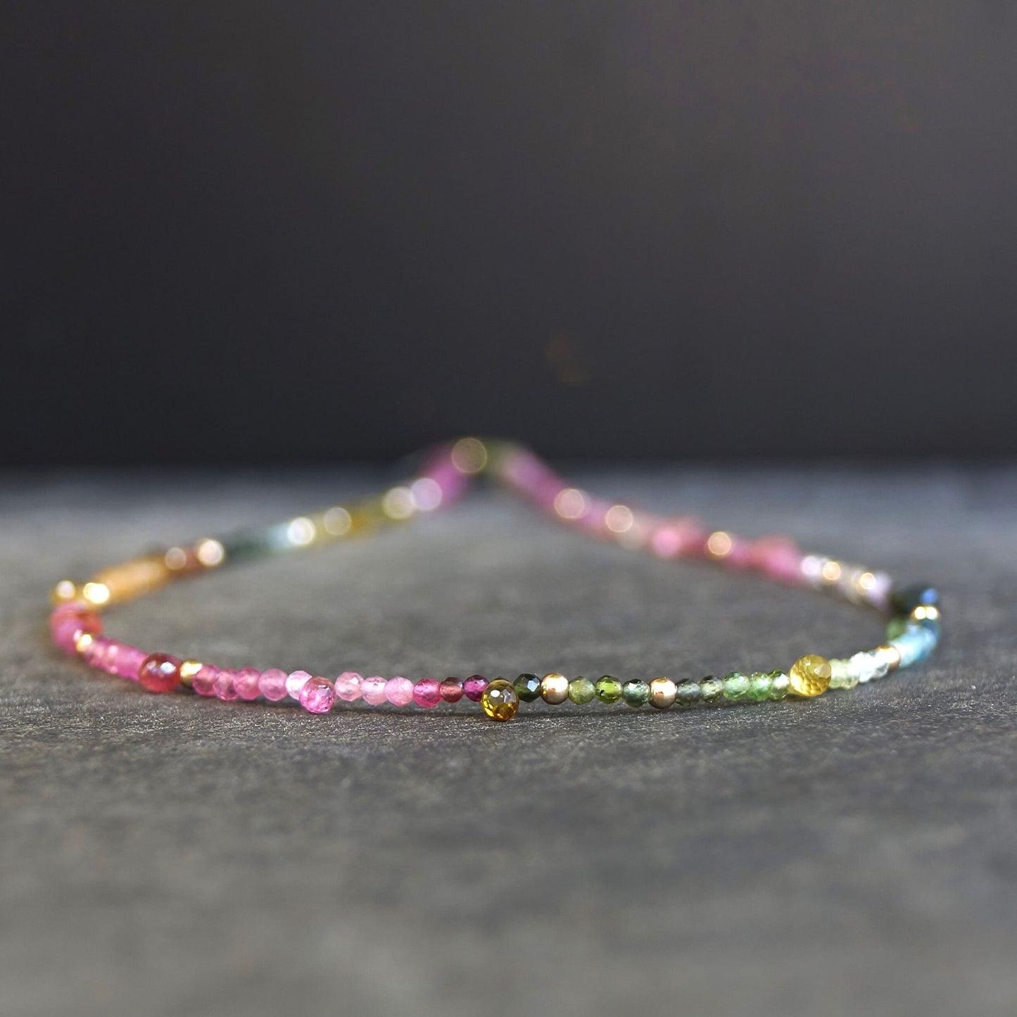 14K: Tourmaline Ombre Bead Necklace| Pink Blue Green| Rainbow Gemstone Bead Necklace| Boho| Bohemian | Multi Color