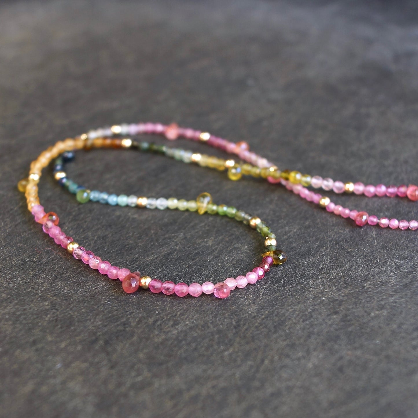 14K: Tourmaline Ombre Bead Necklace| Pink Blue Green| Rainbow Gemstone Bead Necklace| Boho| Bohemian | Multi Color