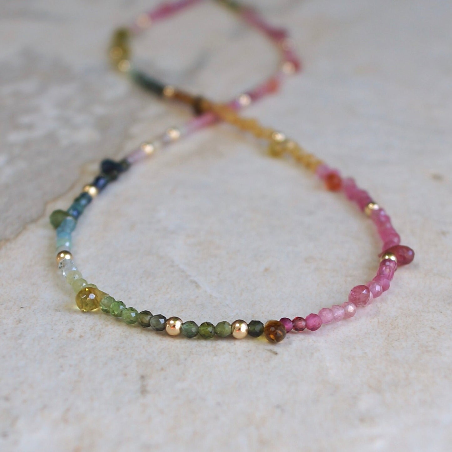 14K: Tourmaline Ombre Bead Necklace| Pink Blue Green| Rainbow Gemstone Bead Necklace| Boho| Bohemian | Multi Color