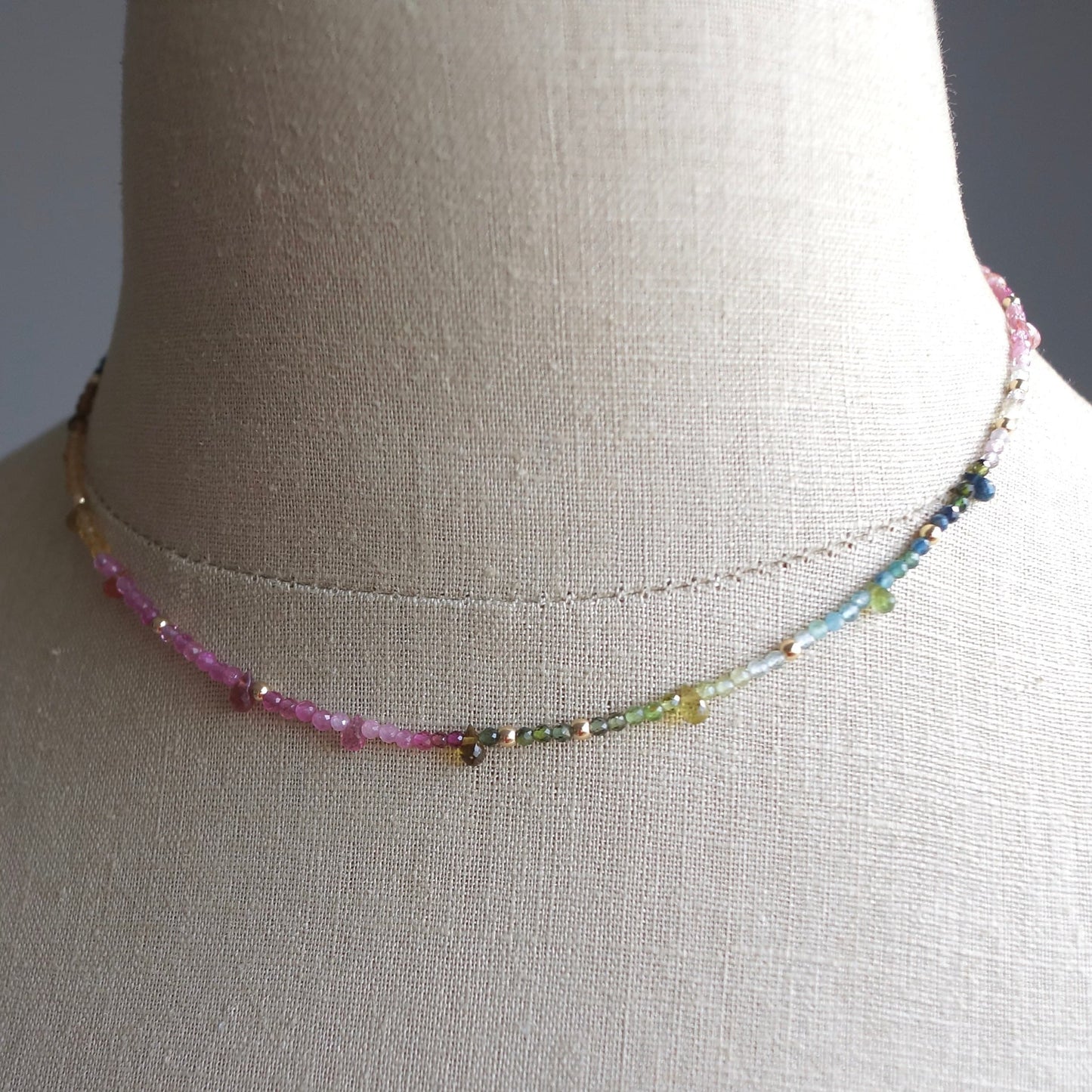 14K: Tourmaline Ombre Bead Necklace| Pink Blue Green| Rainbow Gemstone Bead Necklace| Boho| Bohemian | Multi Color