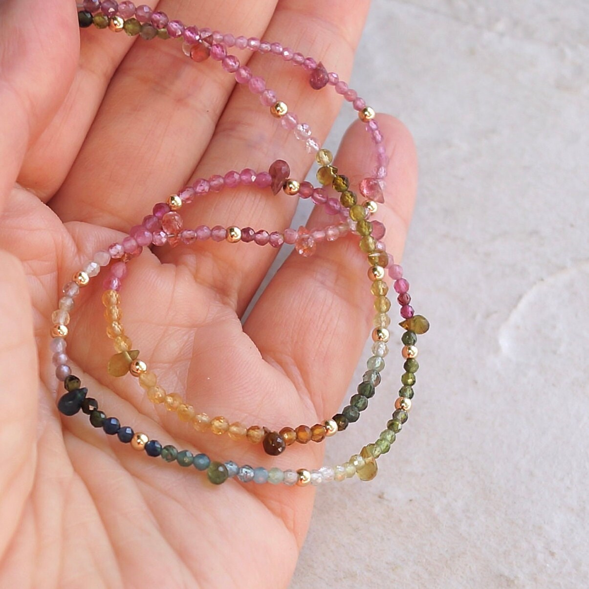 14K: Tourmaline Ombre Bead Necklace| Pink Blue Green| Rainbow Gemstone Bead Necklace| Boho| Bohemian | Multi Color