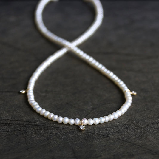 14K Solid Gold: Diamond & Pearl Necklace| Natural Pearl| Natural Diamond