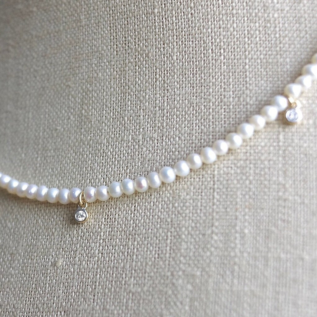 14K Solid Gold: Diamond & Pearl Necklace| Natural Pearl| Natural Diamond