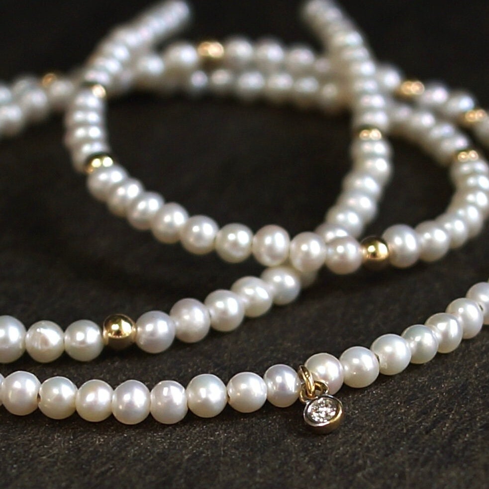 14K: Diamond & Pearl Necklace| 2.5mm|  Natural Pearl| Natural Diamond| Diamond Charm| Dainty Jewelry| Fine Jewelry| Solid Gold