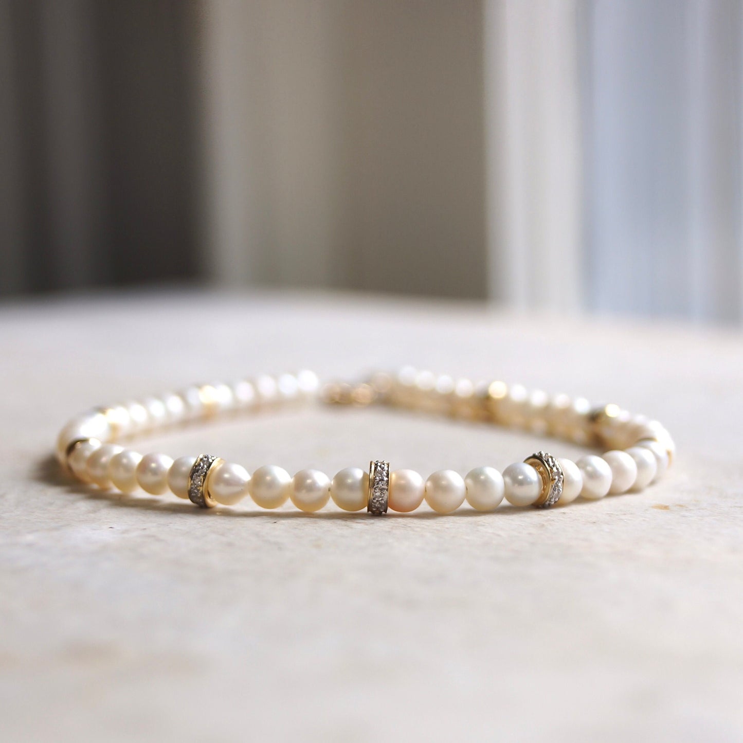 14K Solid Gold: Diamond & Pearl Bead Bracelet | 4mm | Bridal Jewelry |Ivory Pearl| Natural Diamond| Fine Jewelry| Natural Pearl