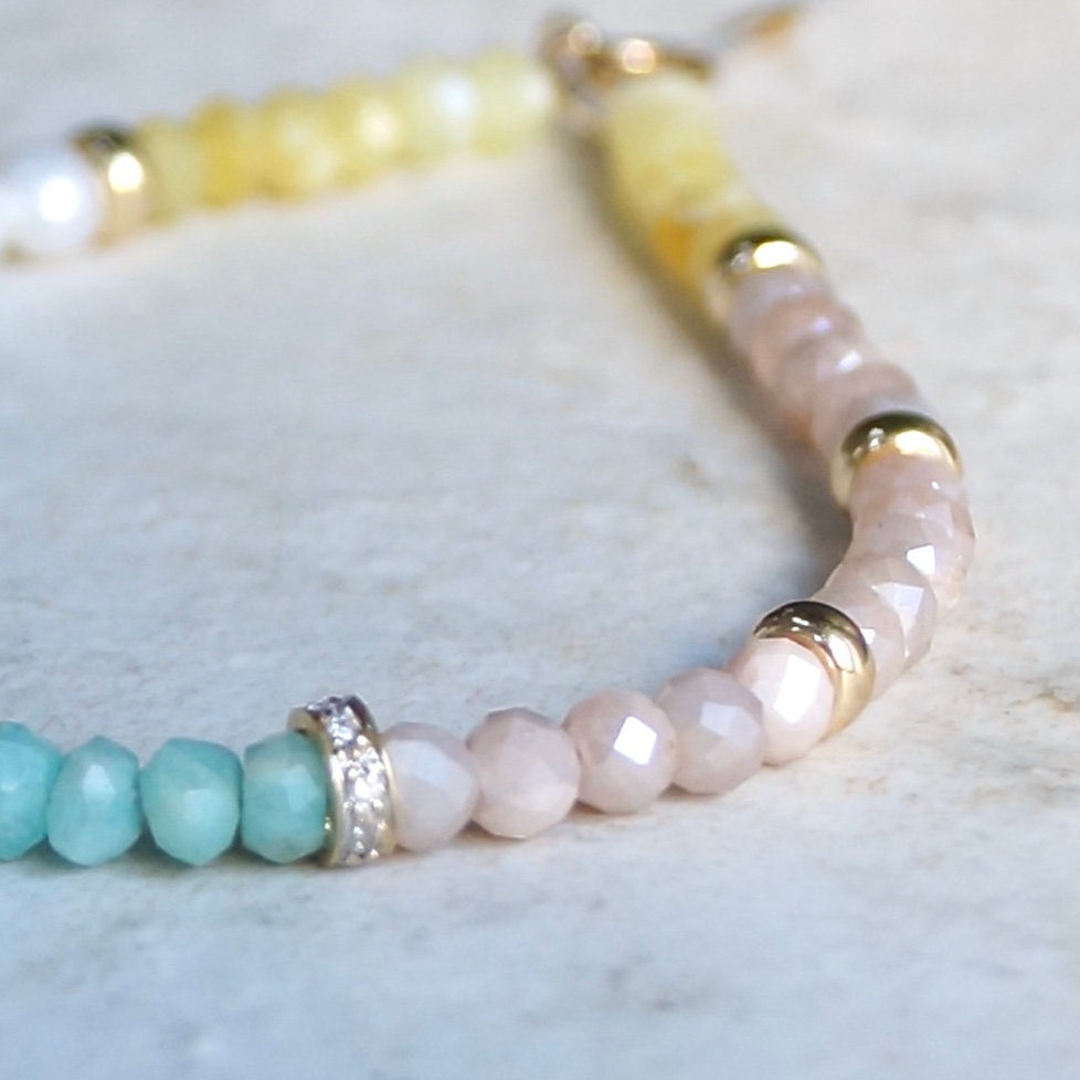 14K: Diamond Spiritual Bracelet| 4mm| Natural Diamond | Opal| Amazonite| Natural Pearl| Pastel Colors| Fine Jewelry| Blue Pink Yellow