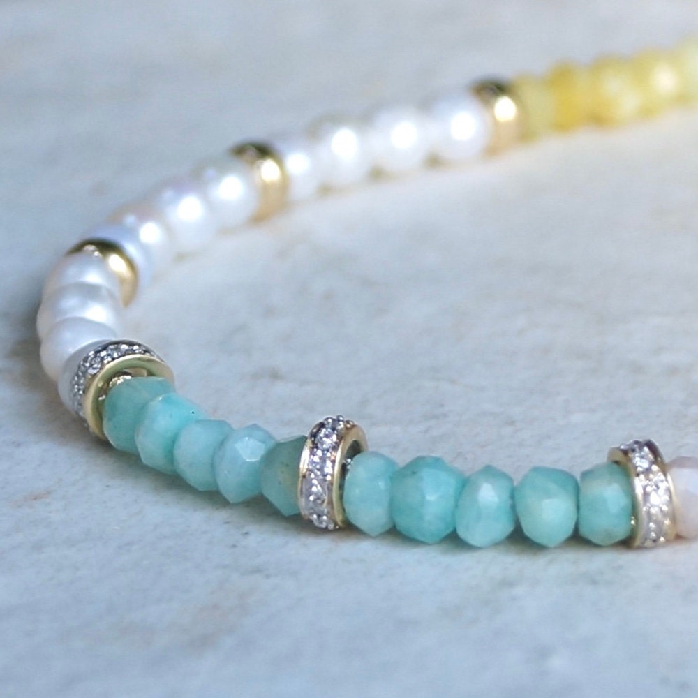 14K: Diamond Spiritual Bracelet| 4mm| Natural Diamond | Opal| Amazonite| Natural Pearl| Pastel Colors| Fine Jewelry| Blue Pink Yellow