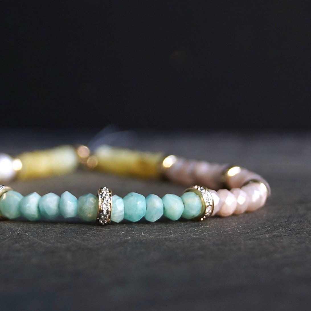 14K: Diamond Spiritual Bracelet| 4mm| Natural Diamond | Opal| Amazonite| Natural Pearl| Pastel Colors| Fine Jewelry| Blue Pink Yellow